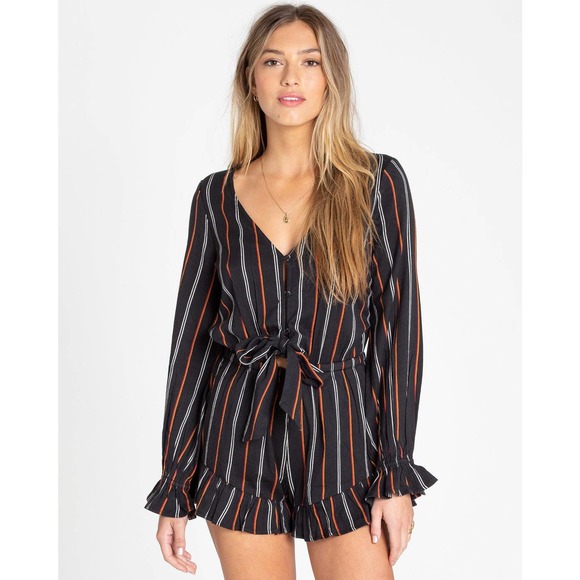 Billabong Romper Large Black Striped Play All Day V-Neck Long Sleeve